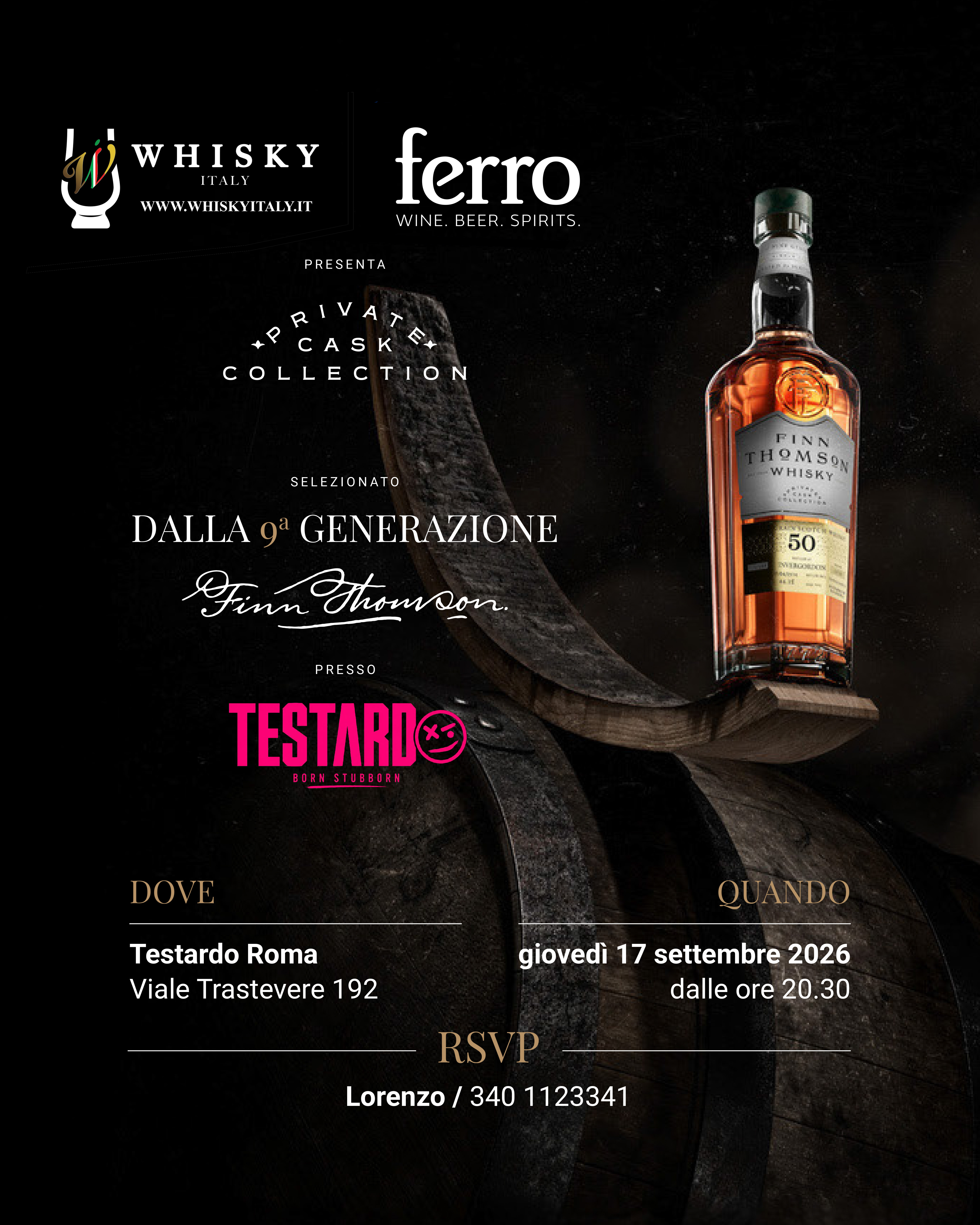 Degustazione Finn Thomson da Testardo Roma, giovedì 17 settembre 2026